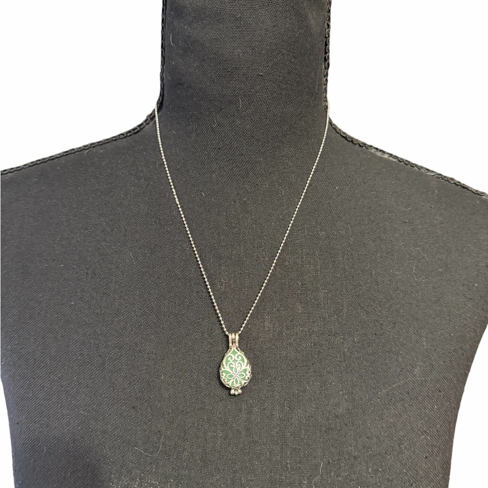 Elegant Pewter Pendant with Turquoise Green Stone Inside on Ball Chain Necklace